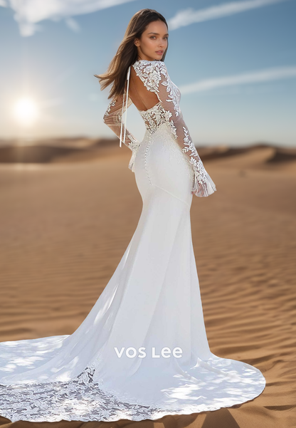 Long Sleeves Lace Floral Applique Mermaid Beach Wedding Dresses with Sweep Train