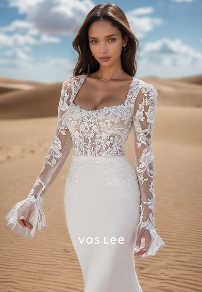 Long Sleeves Lace Floral Applique Mermaid Beach Wedding Dresses with Sweep Train