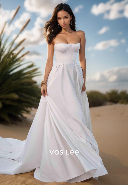 A-Line Strapless Ruched Pockets Simple Beach Wedding Dresses with Court Train