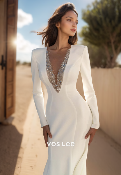 Fashion Long Sleeves Low V-Neck Mermaid Wedding Dresses with Brush Train