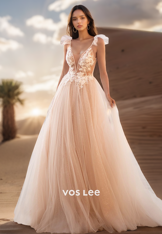 Ornate  Low V-Neck Floral Appliqued Wedding Dresses 2025 with Open Back