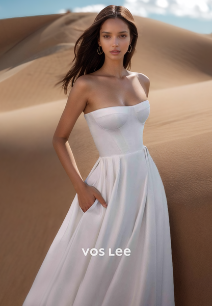 A-Line Strapless Ruched Pockets Simple Beach Wedding Dresses with Court Train
