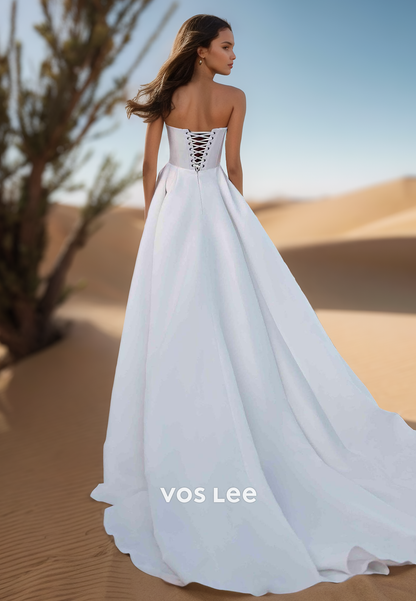 A-Line Strapless Ruched Pockets Simple Beach Wedding Dresses with Court Train