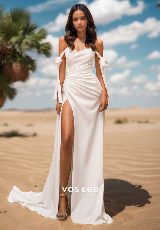 Couture Pleats Sweetheart Bowknot Beach Wedding Dresses with High Split