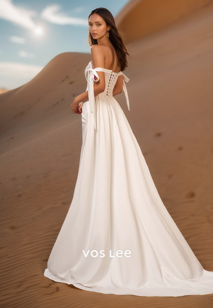 Couture Pleats Sweetheart Bowknot Beach Wedding Dresses with High Split