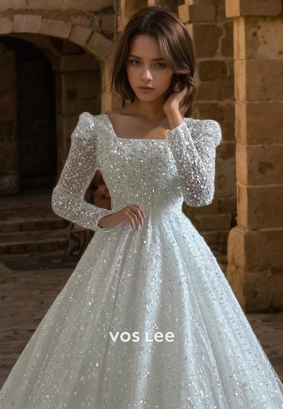 Sparkly A-Line Sequins Formal Wedding Gown with Long Sleeves Luxurious Floor Length Square Bride Dress