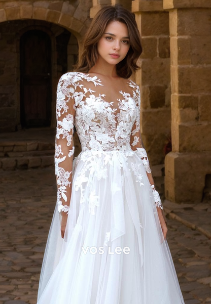 Gorgeous V Neck Lace Bride Dress with Long Sleeves A-Line Tulle Floor Length Button Back Wedding Dress