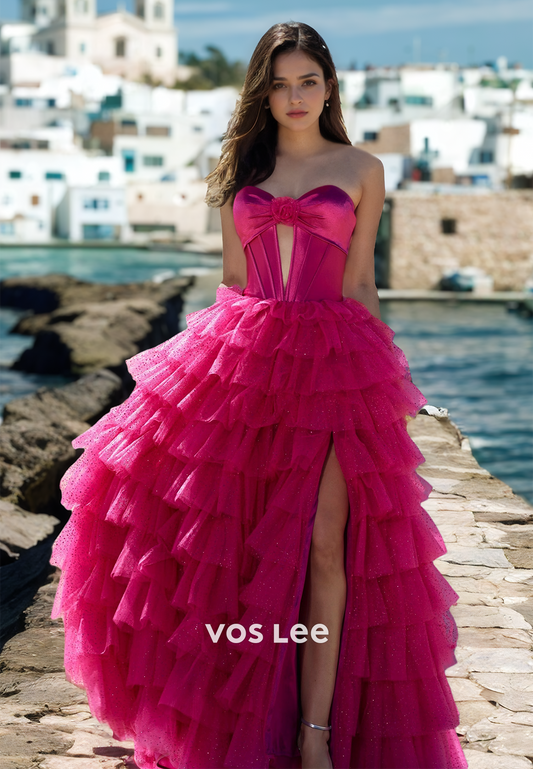 Fuchsia Sweetheart A-Line Side Split Tiered Tulle Sequins Prom Party Dress Glitter