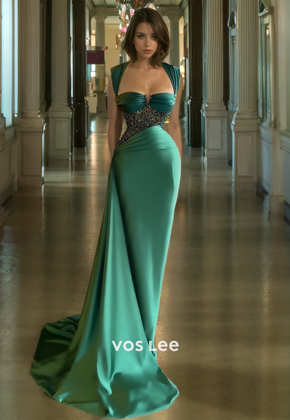 Dark Green Spaghetti Straps Prom Dress with Beads Mermaid Sexy and Sleek Satin Evening Dresses