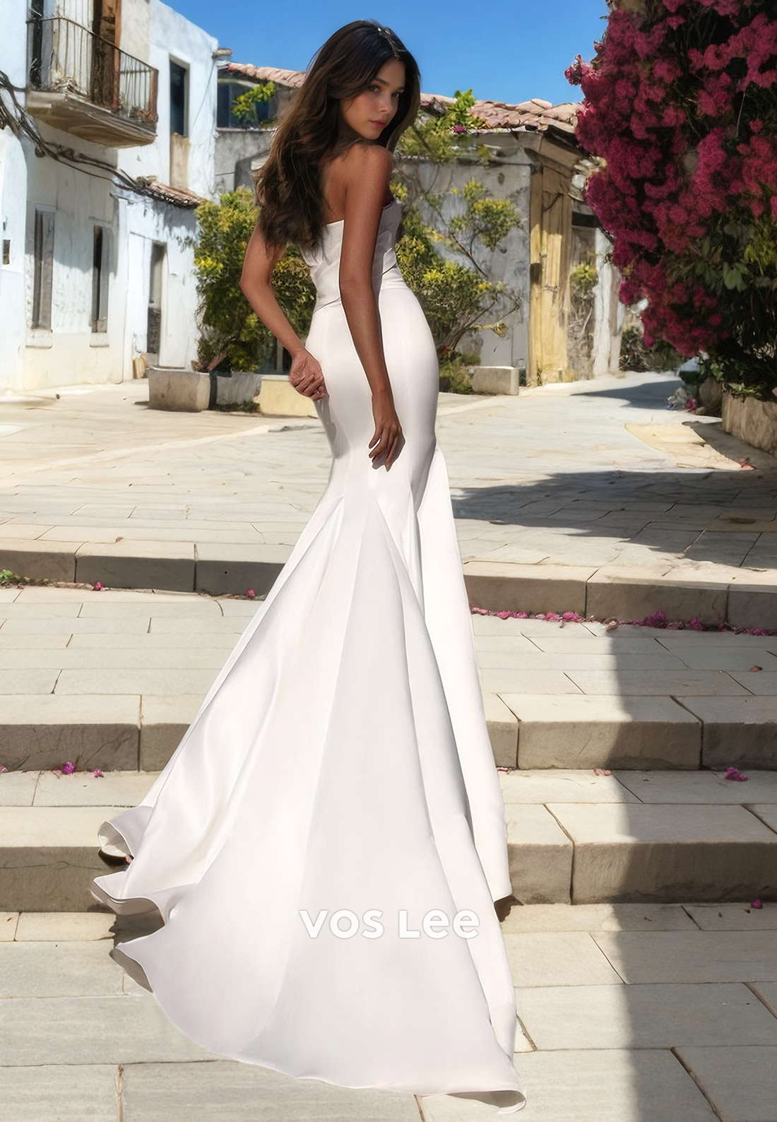 Elegant Pleated Strapless Mermaid Engagement Dress Long Train Sleeveless Wedding Dresses