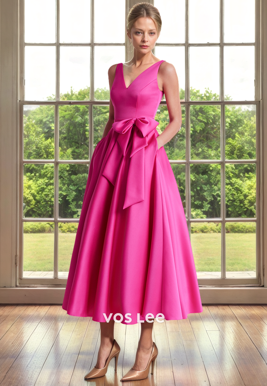 Modest A-Line V Neck Sleeveless Fuchsia Bow Pleated Tea Length Mother of the Bride Dress