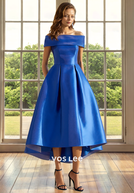 A-Line Off Shoulder Royal Blue Back Zipper Tea Length Satin Mother of the Wedding Guest Dress