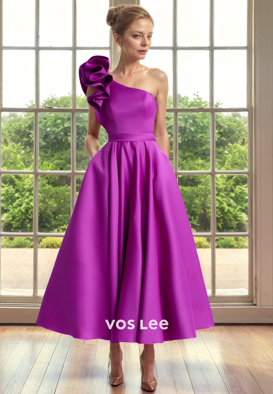 Elegant A-Line One Shoulder Back Zipper Long Satin Pleated Mother of the Bride Dress