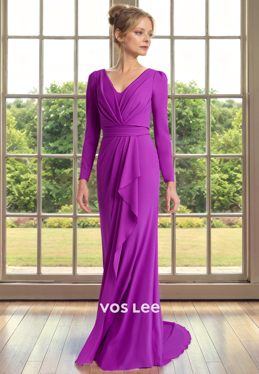 Elegant Column V Neck Long Sleeves Back Zipper Illusion Draped Mother of the Formal Dress