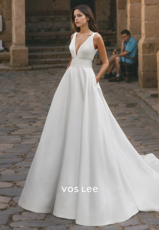 A-Line Satin Elegant Backless Wedding Dresses Sleeveless V-Neck Bridal Gown with Pockets