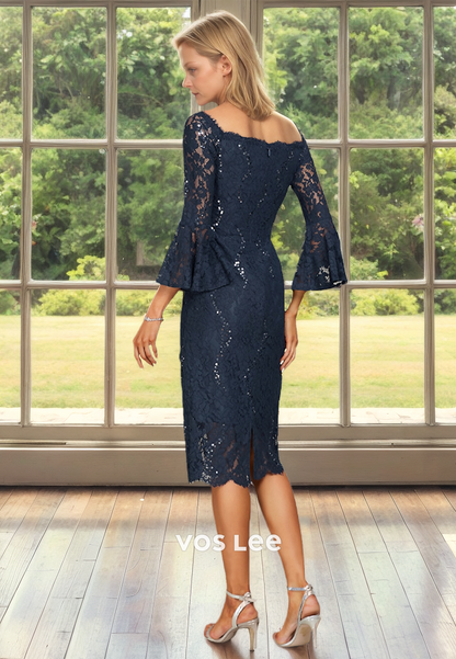 Luxury Column Bateau Long Sleeves Sequins Knee Length Mother of the Evening Dress