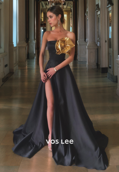 A-Line Vintage Floor Length Evening Party Gown Luxurious Satin Strapless Prom Dress with Side Slit