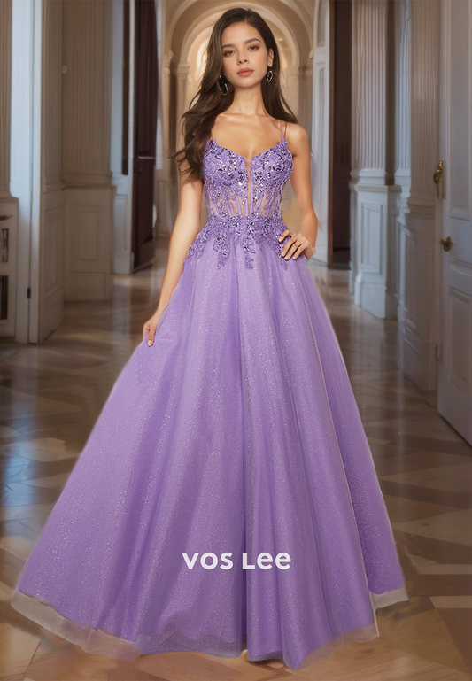 A-Line Appliqued Purple Glitter Quinceanera Dresses Spaghetti Straps Lace Up Formal Party Dress