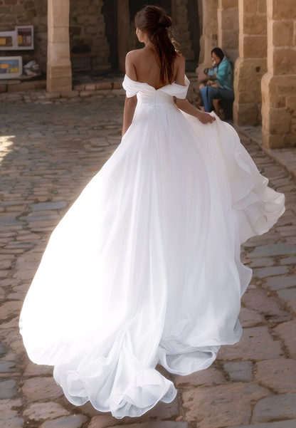 Beaded Sweetheart Off Shoulder Cathedral Train A-Line Organza Wedding Dress