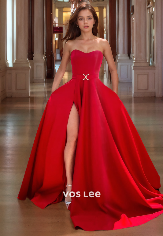 A-Line Sweetheart Satin Prom Dress with Slit Strapless Bow Luxury Red Evening Gown with Pocket