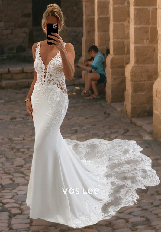 Classy V-Neck Lace Wedding Dress Mermaid Long Train Button Back Bridal Dresses