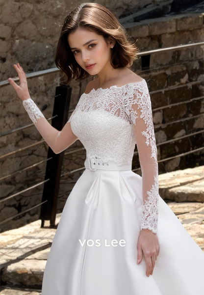 Elegant Strapless A-Line Long Sleeves Lace Appliques Ruched Wedding Dress