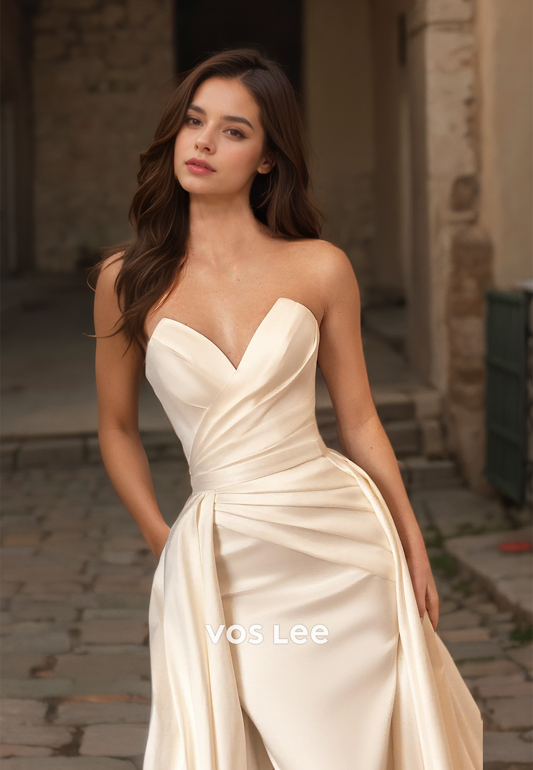 A-Line V Neck Satin Elegant Wedding Dress Strapless Pleated Zipper Back Formal Bridal Gown