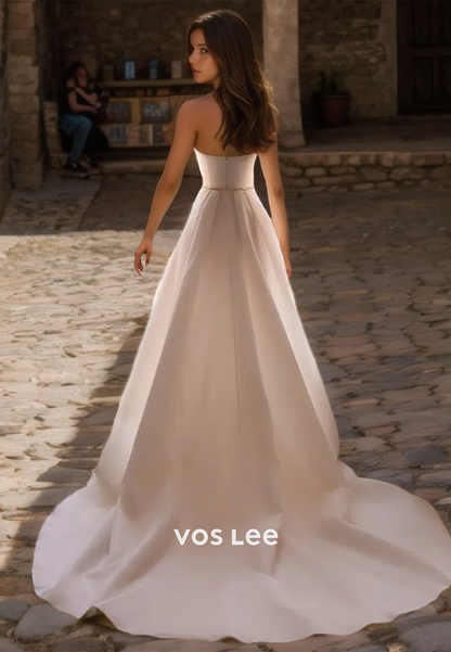 Elegant A-Line Tube Top Side Split Back Zipper Simple Wedding Dress