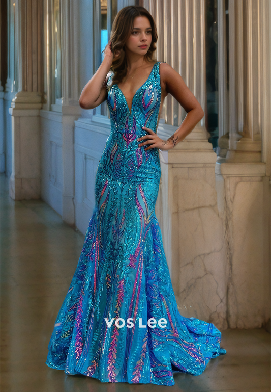 Sparkly Mermaid V-Neck Prom Dress Floor Length Sequined Spaghetti Straps Evening Prom Gown