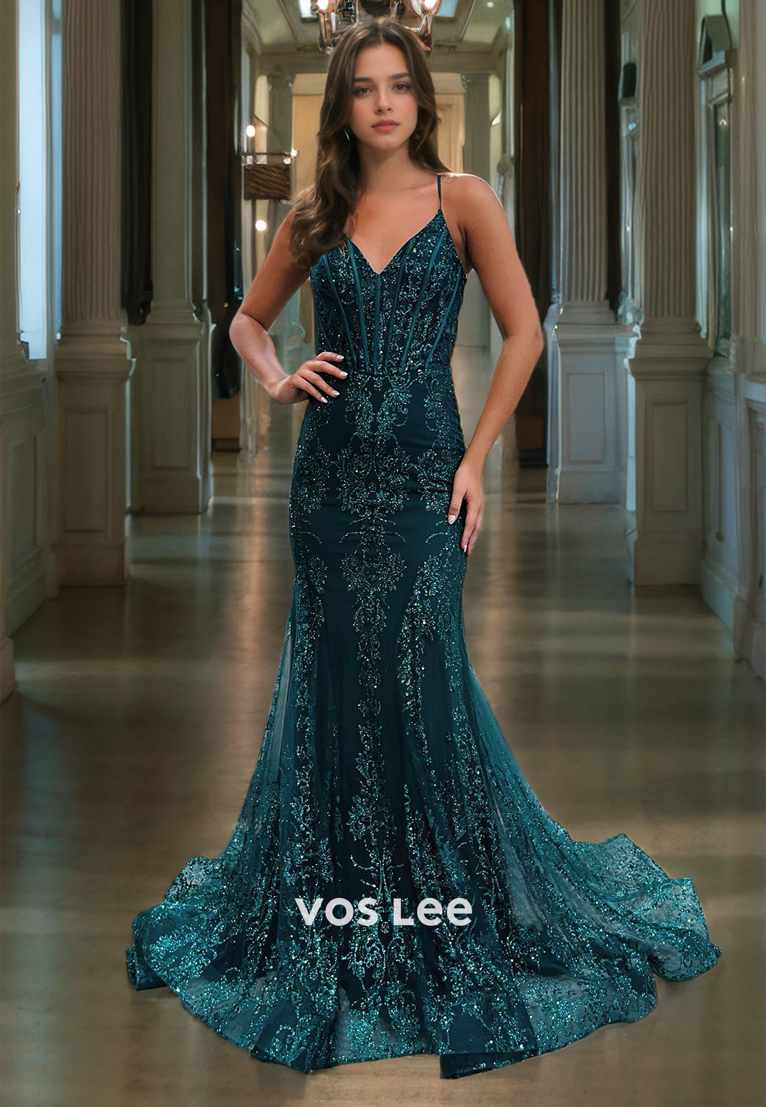 Sparkly Dark Green V-Neck Mermaid Prom Dress Zipper Back Sweep Train Club Night Gown with Spaghetti Straps