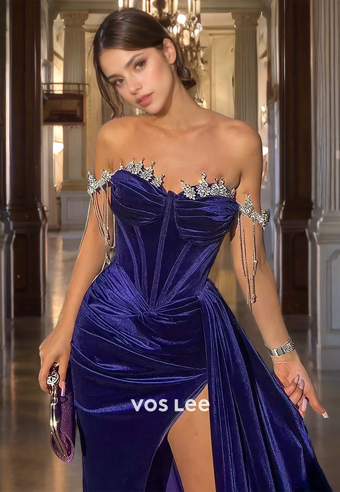 Regency Velour Off-Shoulder Formal Prom Dress Sweetheart Cocktail Dresses with High Slit