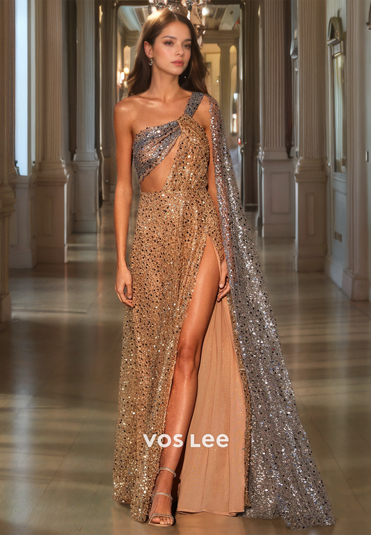 Sparkly One Shoulder Sequined Luxurious Prom Dress with High Slit Floor Length Evening Gown