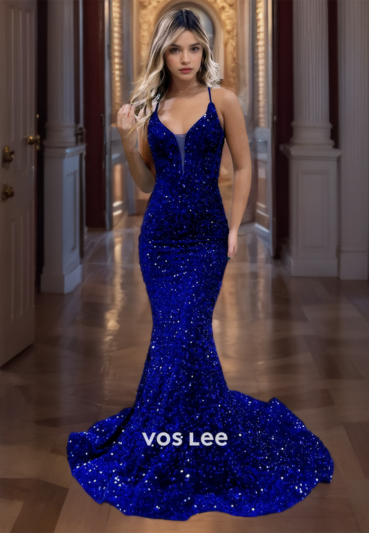 Sparkly Mermaid Royal Blue Quinceanera Dresses Spaghetti Straps Sequined Lace Up Prom Gown