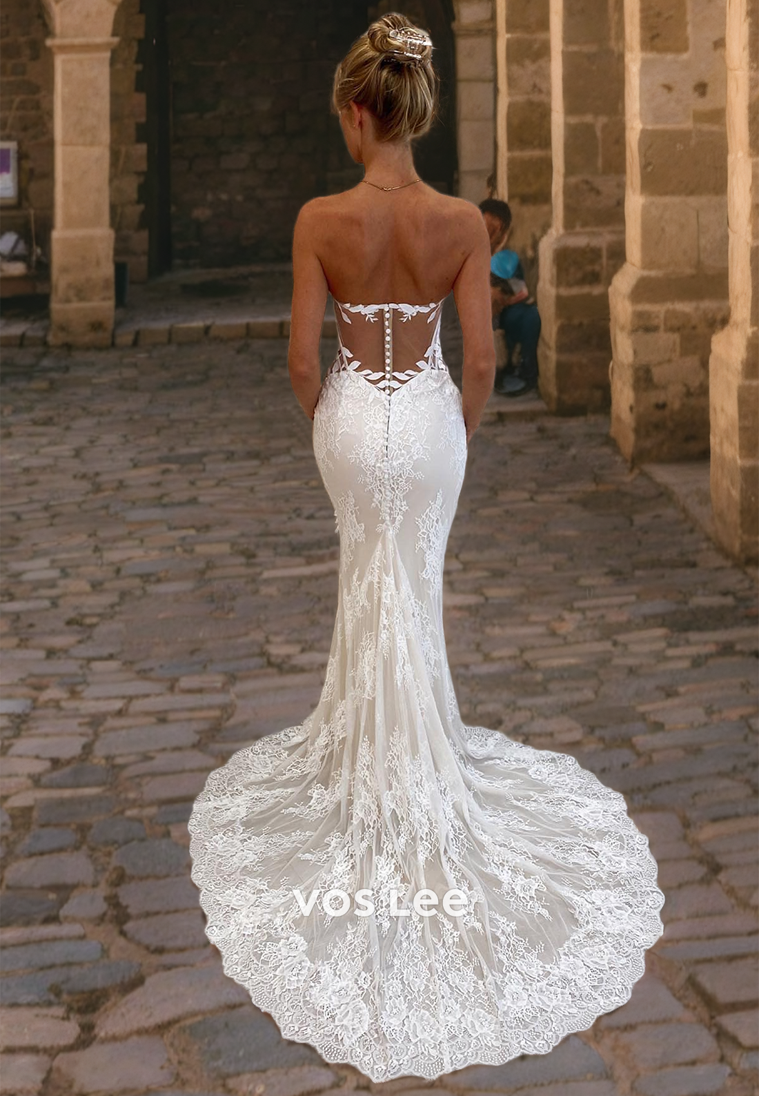 Strapless Sweetheart Lace Mermaid Wedding Dress Button Back Sweep Train Formal Bridal Gowns