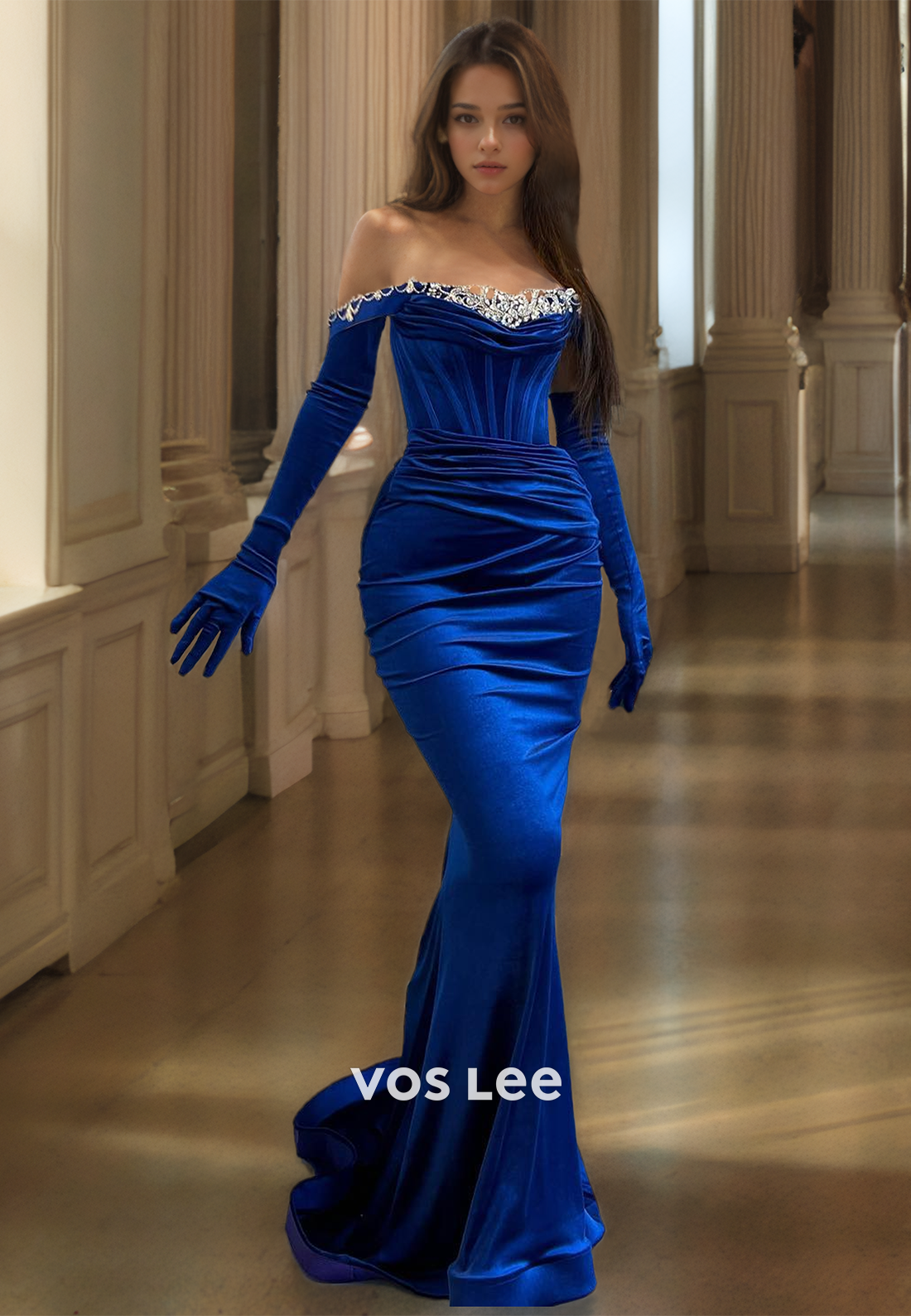 Ornate Column Off Shoulder Long Sleeves Back Zipper Royal Blue Beaded Ruched Satin Prom Formal Dress