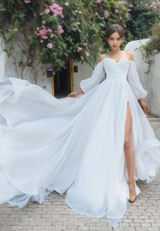 Elegant Sweetheart A-line Organza Long Sleeves Cathedral Train Beach Wedding Dress