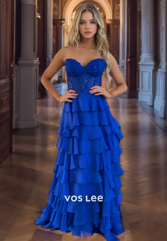 Graceful Royal Blue Tiered Evening Prom Gown Sweetheart Chiffon Lace Up Quinceanera Dress