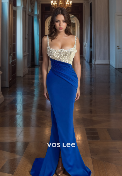 Luxury Spaghetti Straps Mermaid Prom Dresses Royal Blue Pearls Floor Length Party Gown