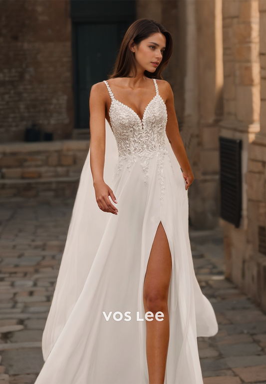 V Neck Spaghetti Straps Long Train Engagement Dresses Appliqued Backless Chiffon Wedding Dress