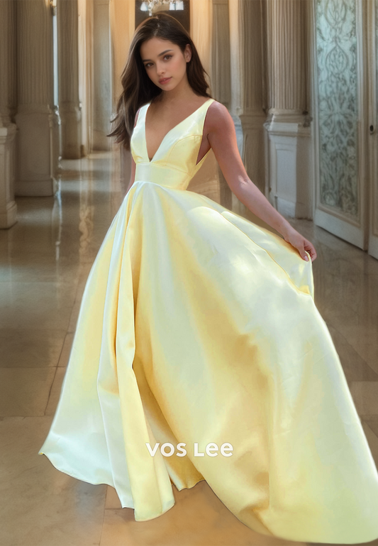 A-Line Yellow V Neck Luxury Prom Dress Spaghetti Straps Floor Length Satin Quinceanera Dress