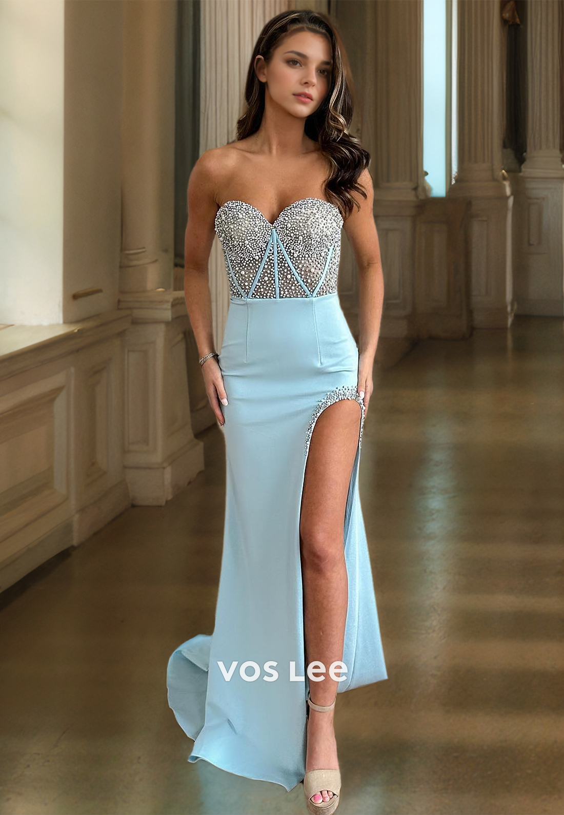 Sky Blue Sheath Sweetheart Sleeveless High Split Sweep Train Beaded Zipper Satin Prom Party Dress