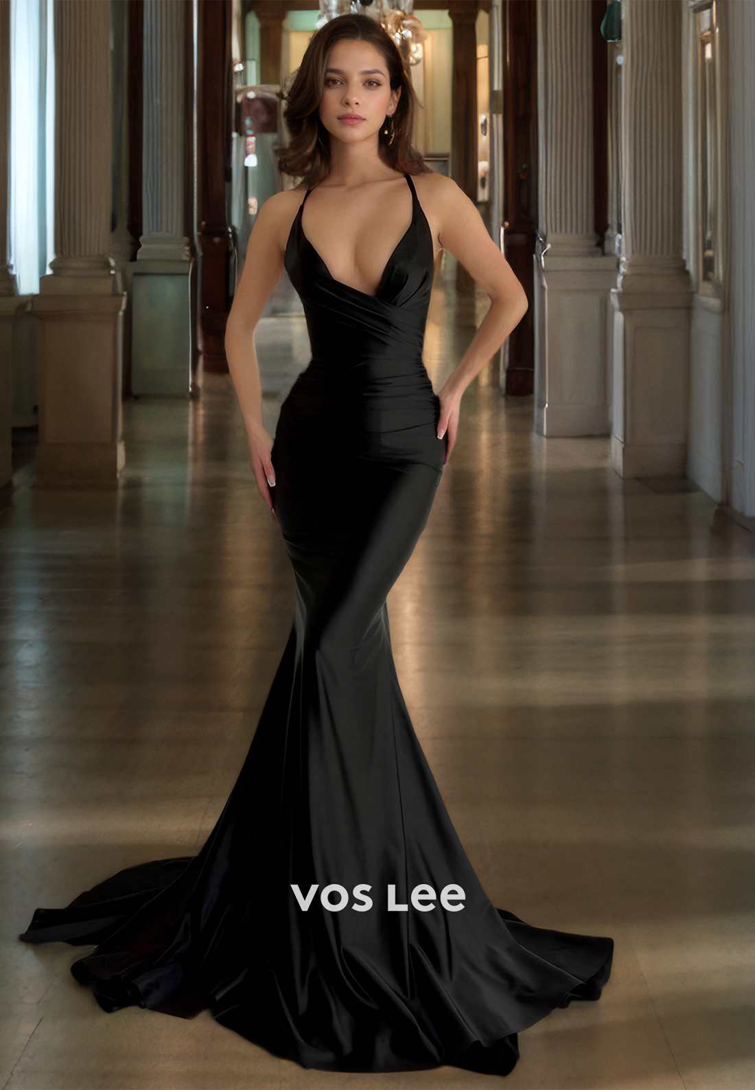 Elegant Black V-Neck Spaghetti Straps Prom Dresses Mermaid Satin Floor Length Pageant Dress