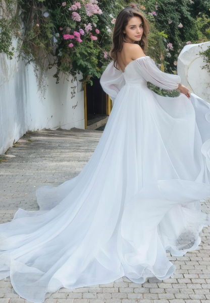 Elegant Sweetheart A-line Organza Long Sleeves Cathedral Train Beach Wedding Dress