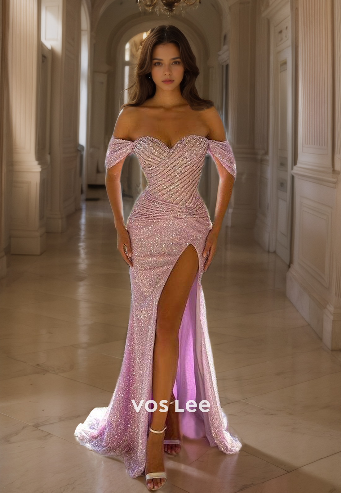 Sweetheart Off-Shoulder Sparkly Prom Dress Lilac Mermaid Evening Party Dress with High Slit