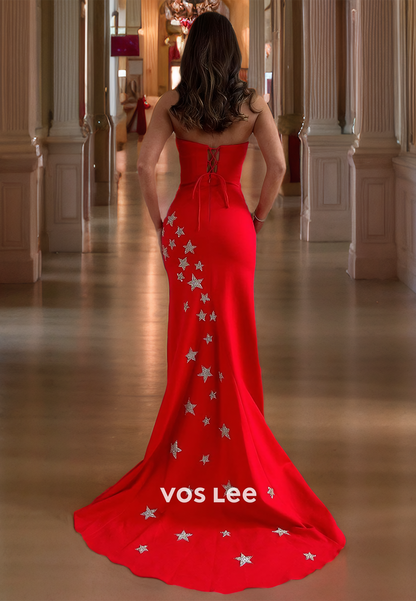 Red Strapless Lace-Up Prom Dress with High Slit Sweep Train Appliqued Evening Gown