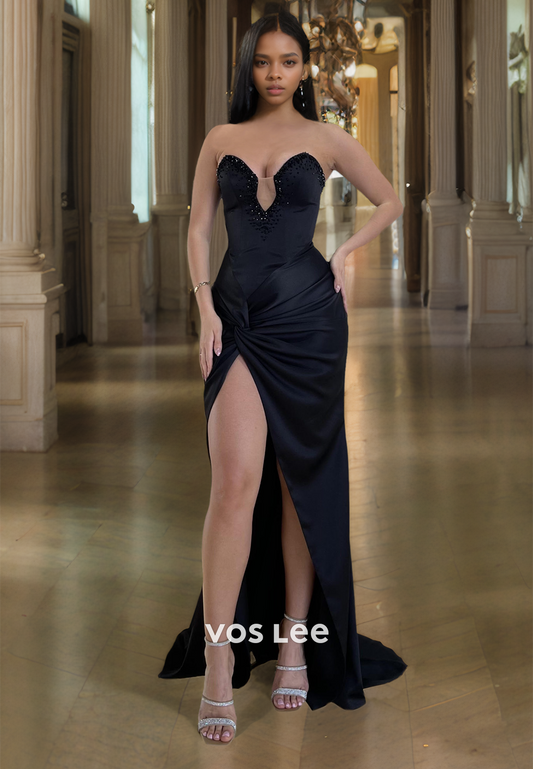 Plunging Illusion V-Neck Sheath Satin Charming High Slit Prom Party Dress