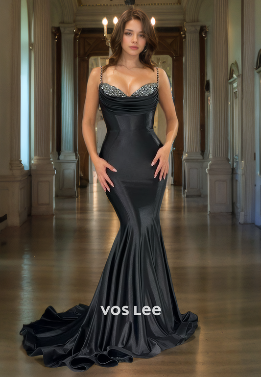 Stunning New Arrival Mermaid Prom Dress Sweetheart Black Straps Floor Length Beads Cocktail Dress