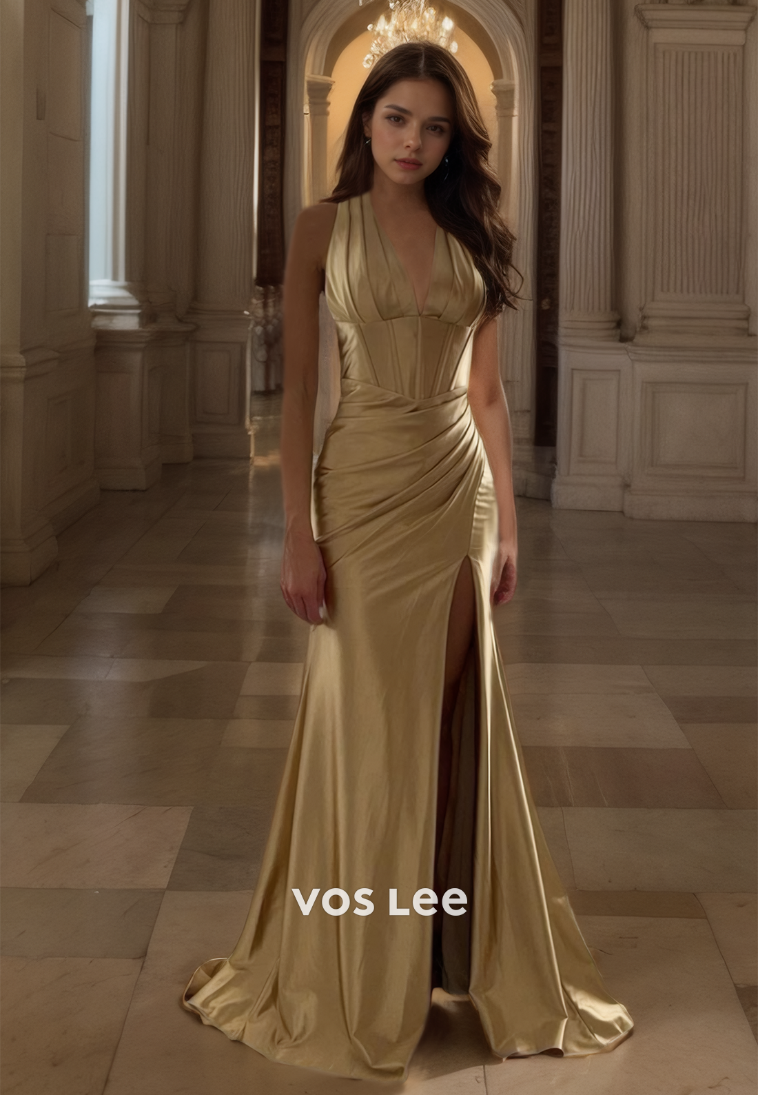 V Neck Luxury A-Line Gold Halter Side Split Prom Dress Floor Length – VOS  LEE