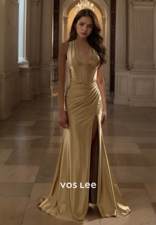 V Neck Luxury A-Line Gold Halter Side Split Prom Dress Floor Length