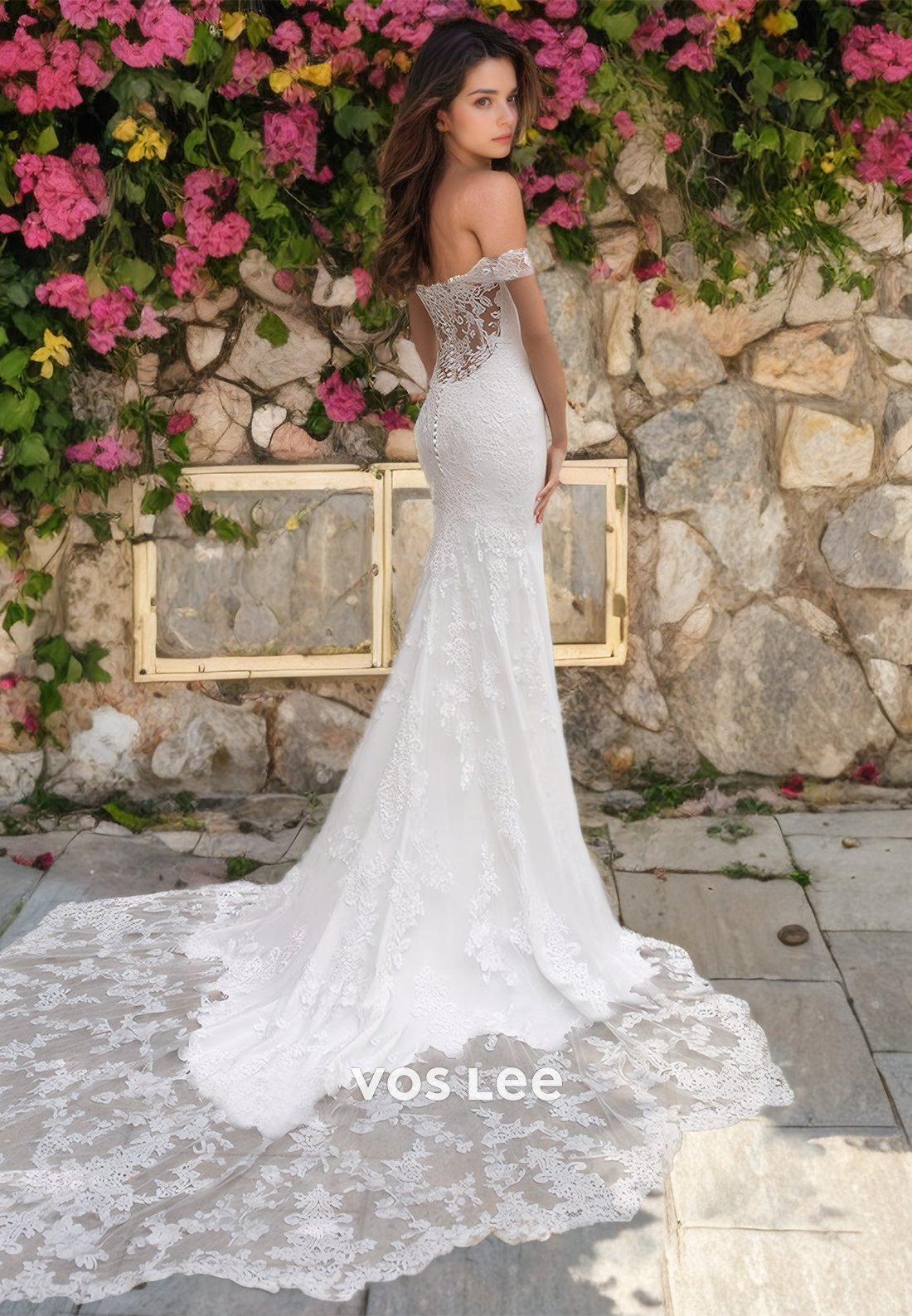 Graceful Off Shoulder Court Train Sheath Sleeveless Lace Appliques Wedding Dress